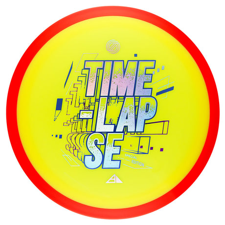 Disc with 'Time Lapse' text design on a yellow background with red border