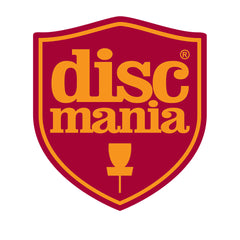 Discmania logo with red shield and yellow text on a white background